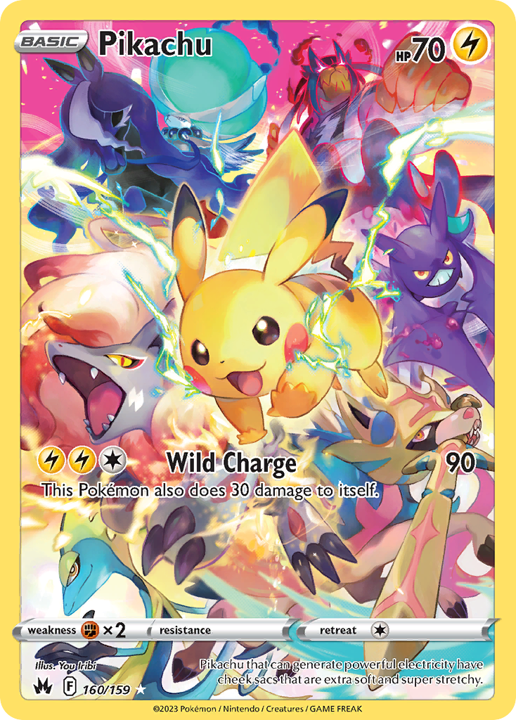 Front design of the Pikachu Pokemon Card, with the stats and info around the edge